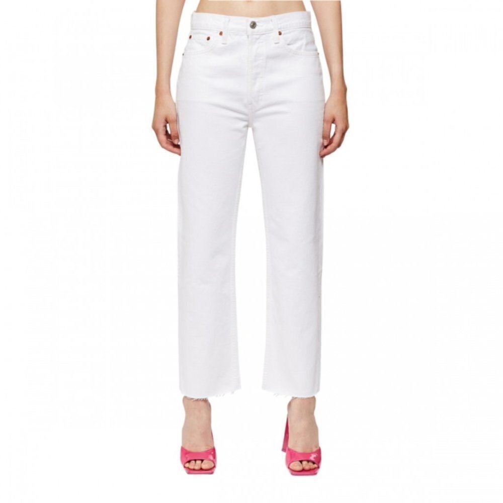 RE/DONE 70s stove pipe denim jeans white raw hem frayed straight leg cropped 30